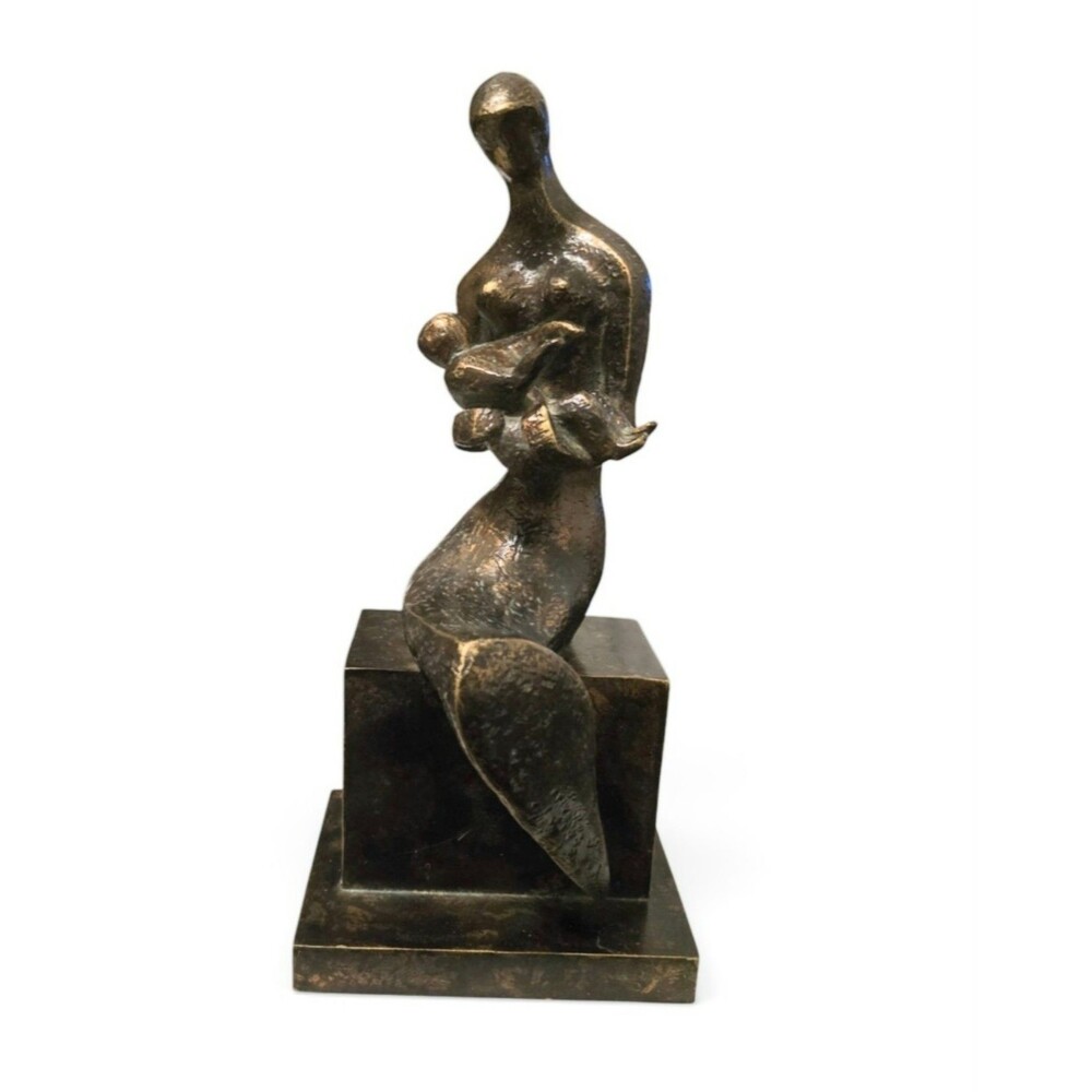 Vintage Reproduction Wooden Bronze Sculpture Mother and Child Carving Art Piece